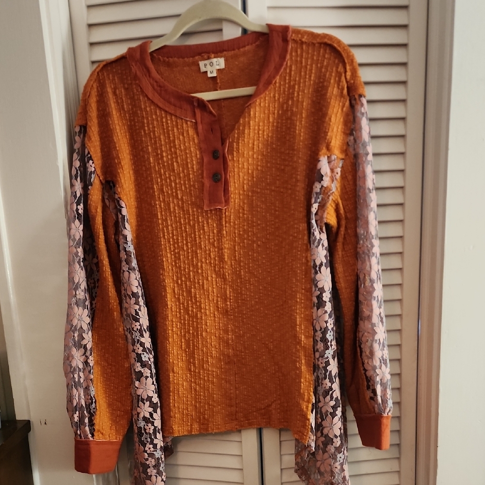POL Rust Textured Blouse with Floral Lace Sleeves